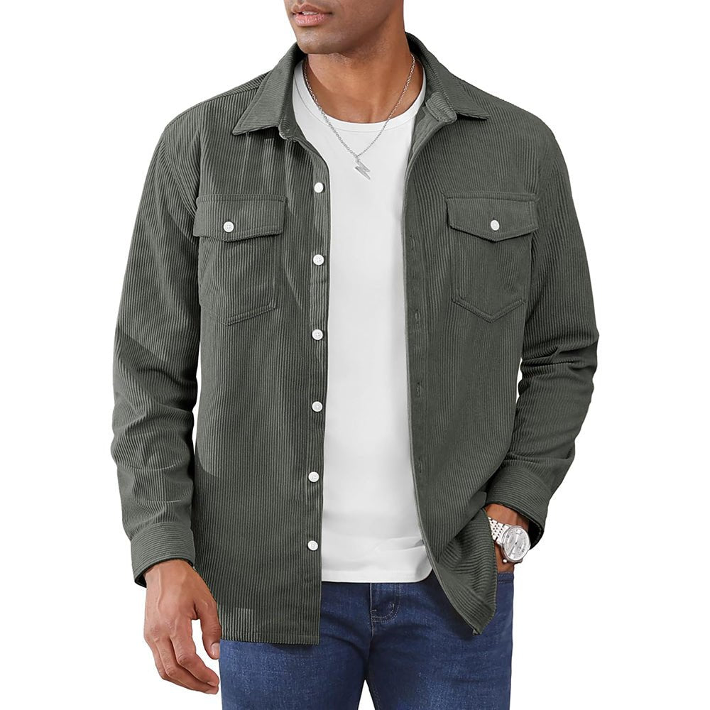 Men's corduroy button-down shirt jacket with front pockets, lightweight casual versatile outerwear