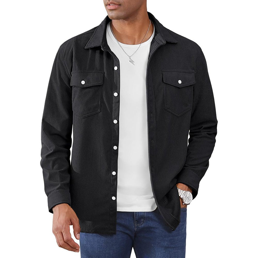 Men's corduroy button-down shirt jacket with front pockets, lightweight casual versatile outerwear