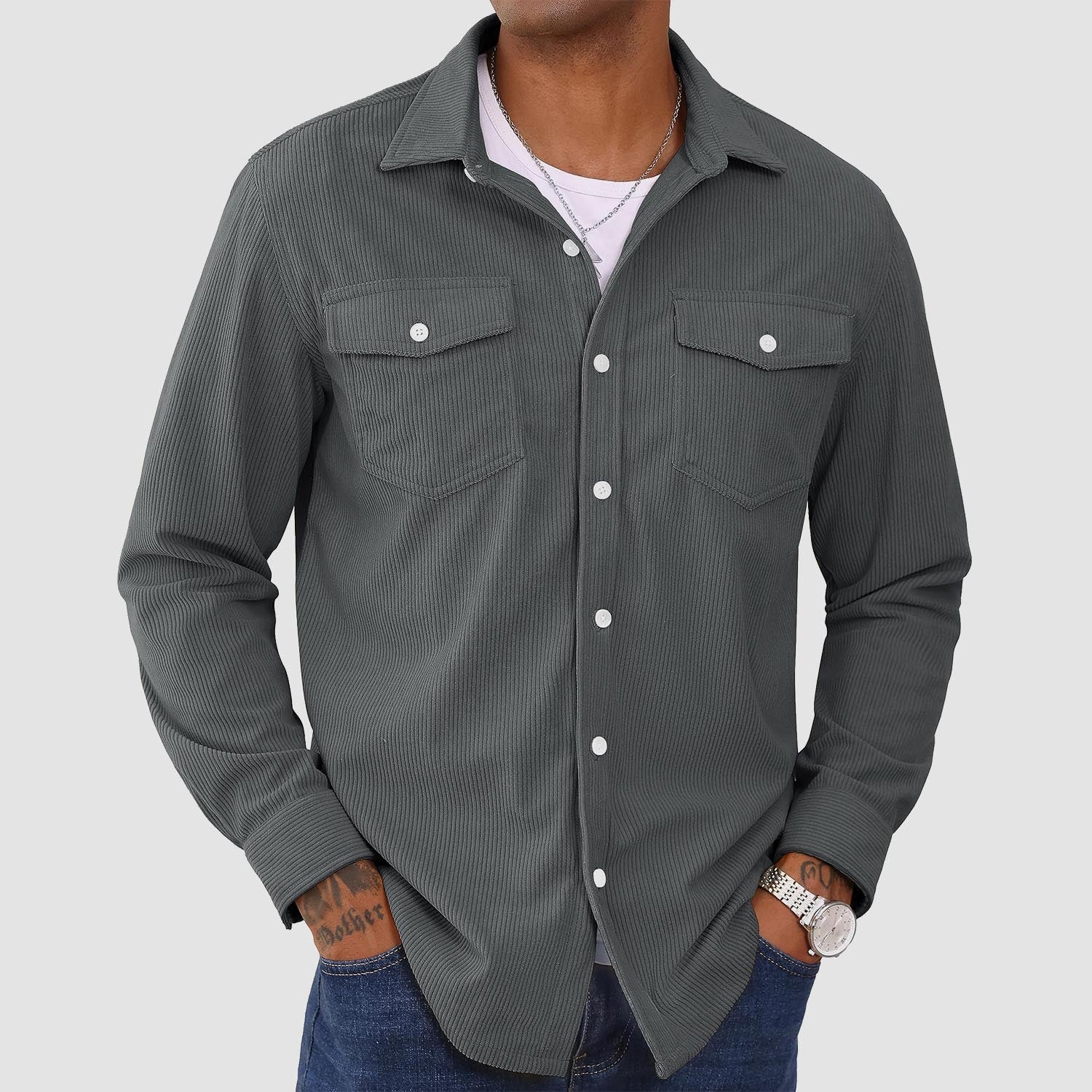Men's long sleeve corduroy shirt lightweight breathable casual fit solid color button-front sun protection