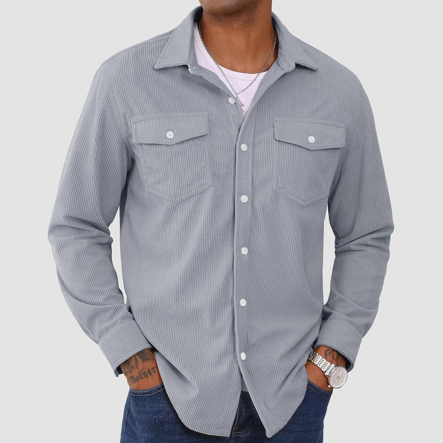 Men's long sleeve corduroy shirt lightweight breathable casual solid color button-front everyday comfort