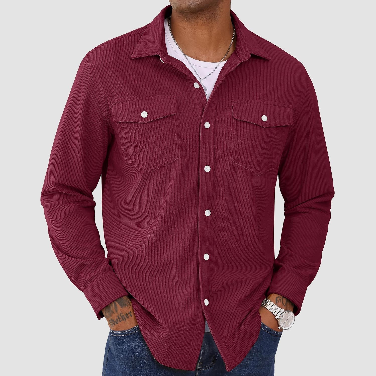 Men's long sleeve corduroy shirt lightweight casual button-front solid color sun protection everyday wear