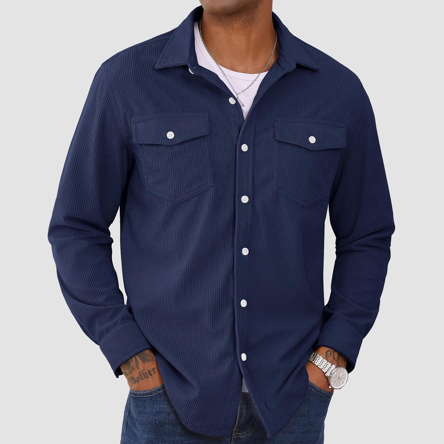 Men's long sleeve corduroy shirt lightweight breathable casual solid color button-front sun protection