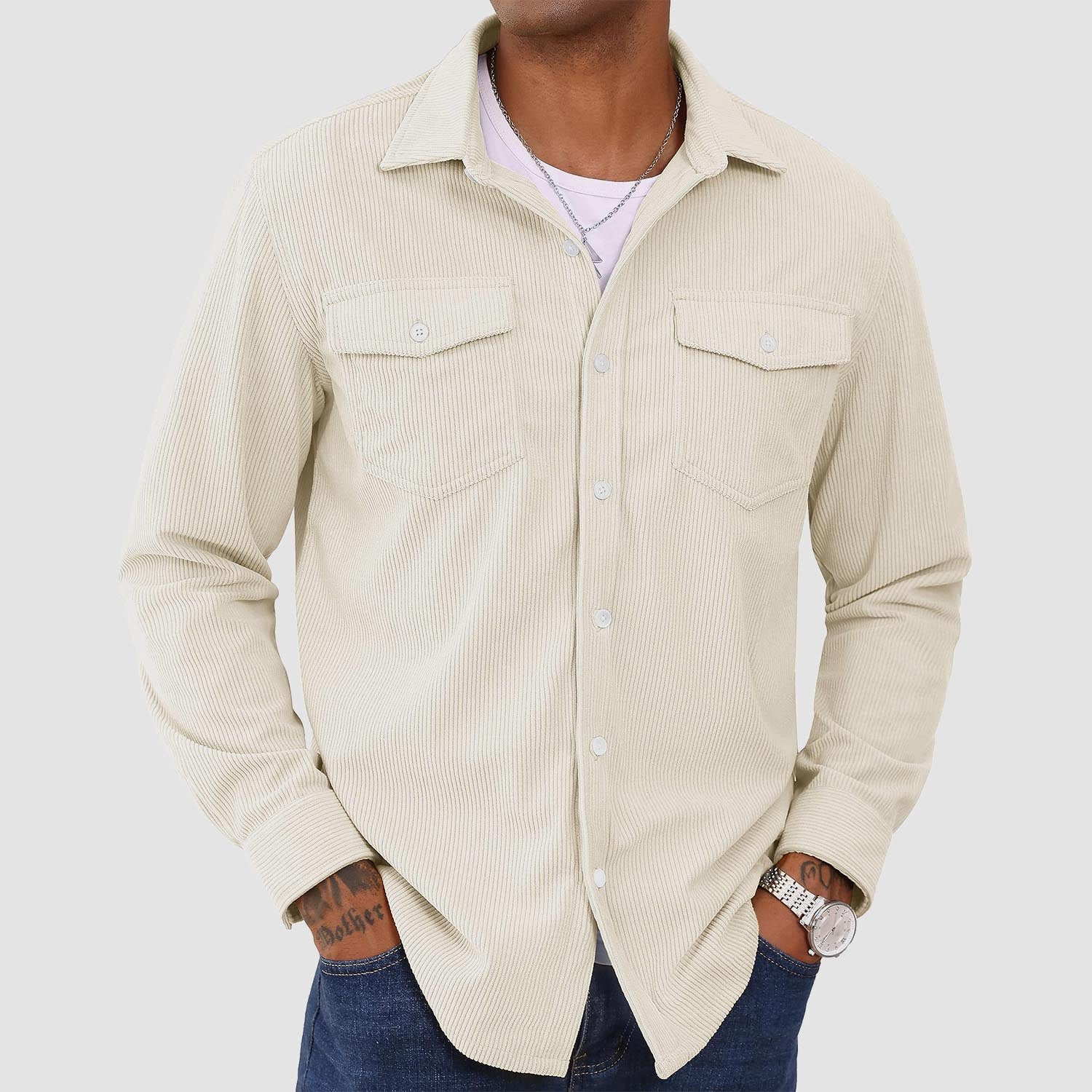 Men's long sleeve corduroy shirt lightweight breathable solid color button-front casual everyday fit