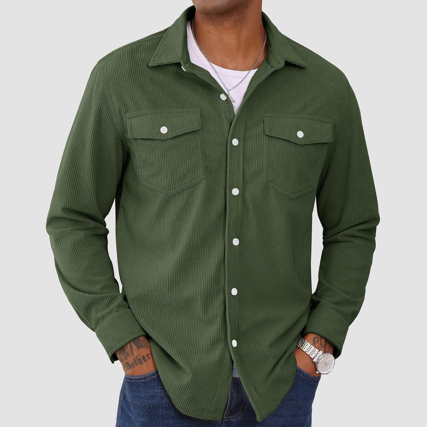 Men's long sleeve corduroy shirt lightweight breathable casual solid color button-front sun protection
