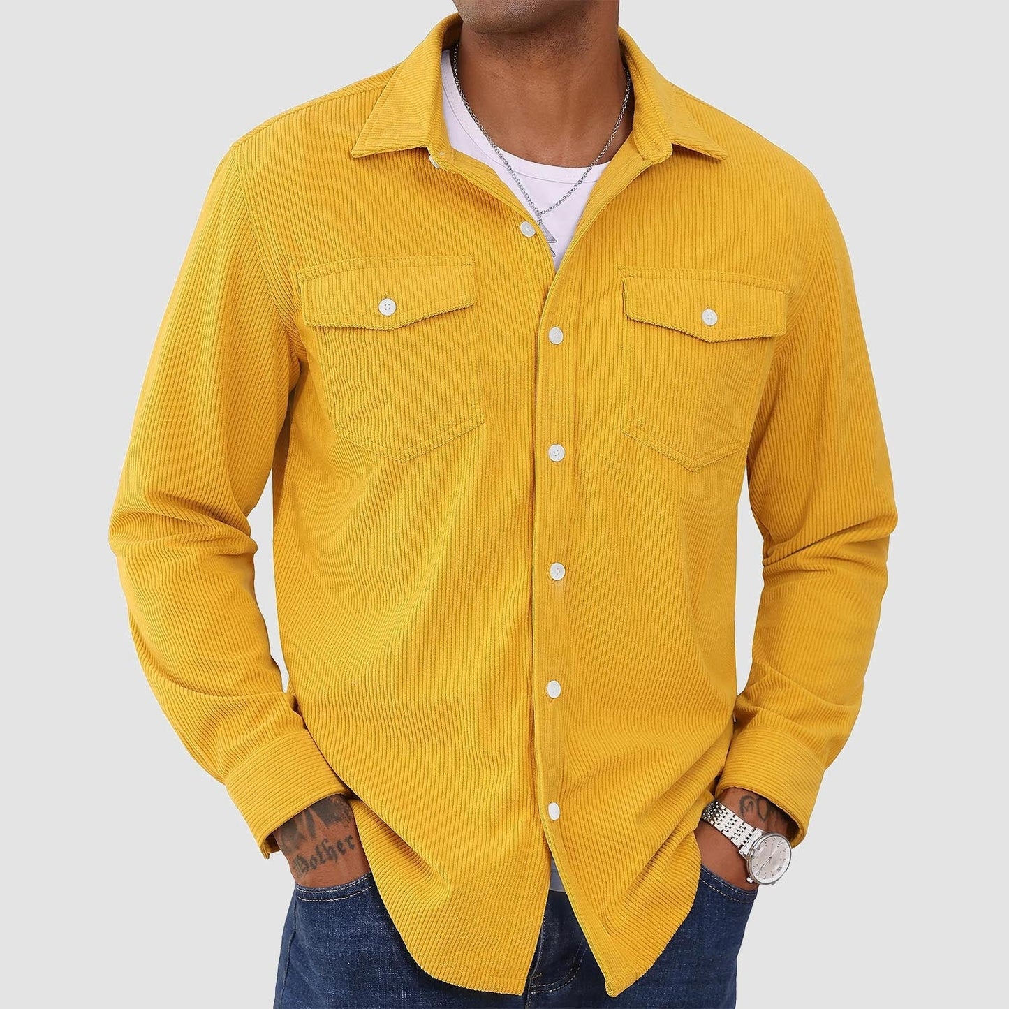 Men's long sleeve corduroy shirt lightweight breathable button-front casual solid color textured fabric