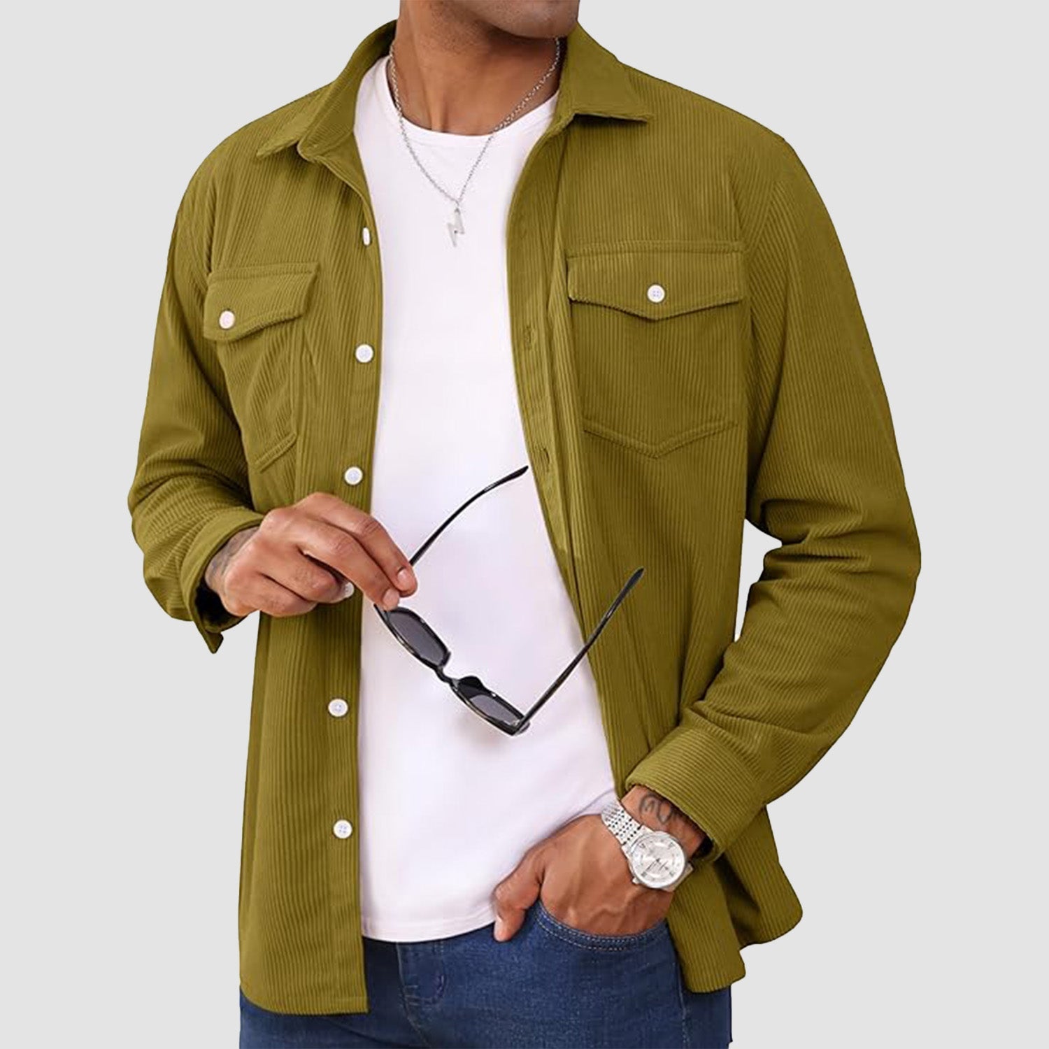 Men's long sleeve corduroy shirt lightweight breathable casual solid color button-front everyday comfort