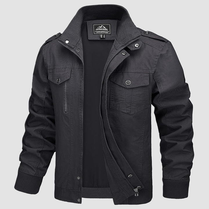 Men's lightweight cotton cargo jacket with fleece lining, full-zip stand collar, military-inspired fit