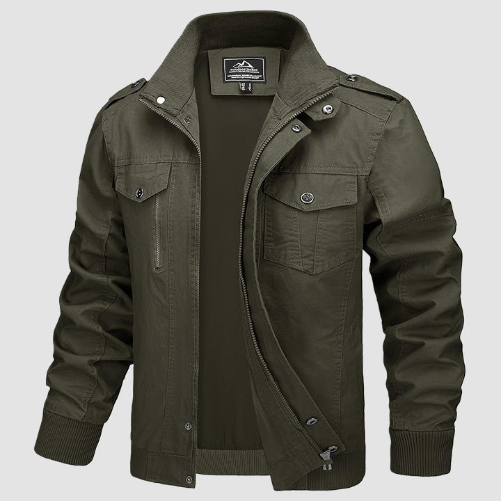 Men's lightweight cotton cargo jacket with fleece lining, full-zip stand collar, military-inspired fit