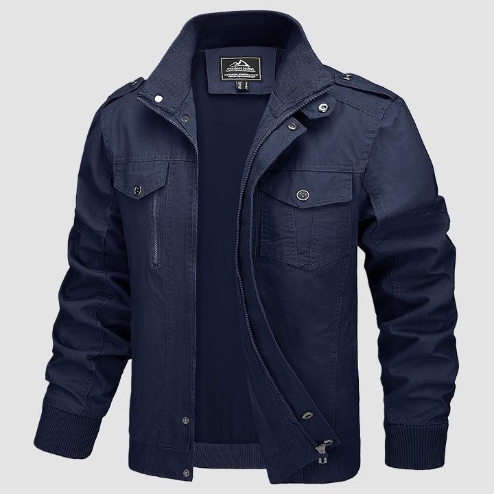 Men's lightweight cotton cargo jacket with fleece lining, full-zip stand collar, military-inspired fit