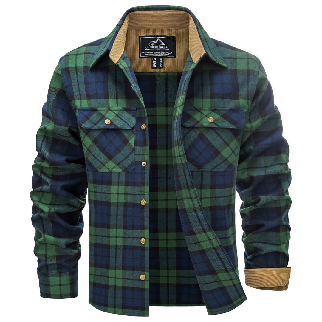 Men's plaid cotton flannel shirt with corduroy collar and cuffs, long sleeve, amber buttons