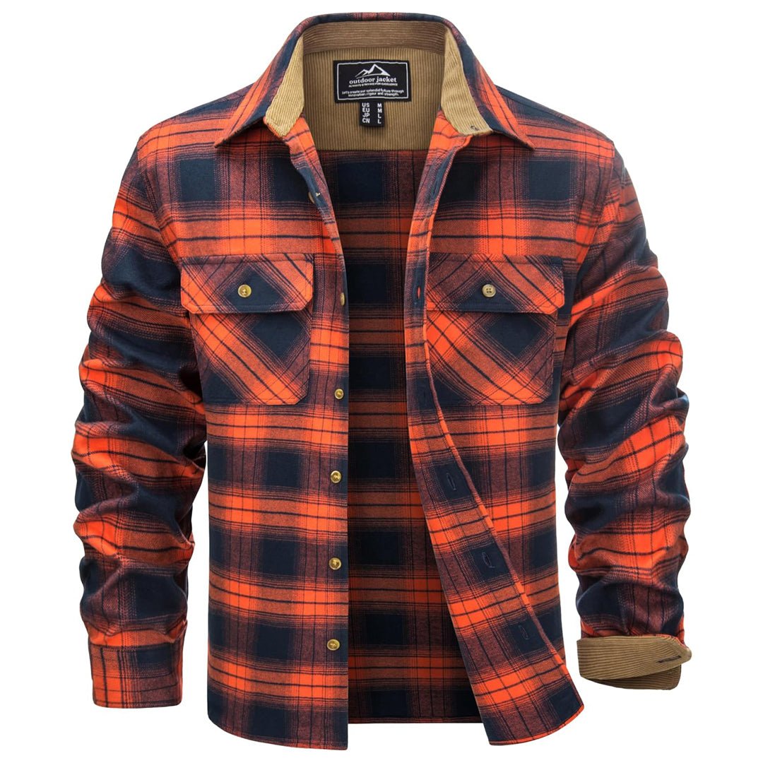 Men's plaid cotton flannel shirt with corduroy collar and cuffs, amber buttons, long sleeve fall layer