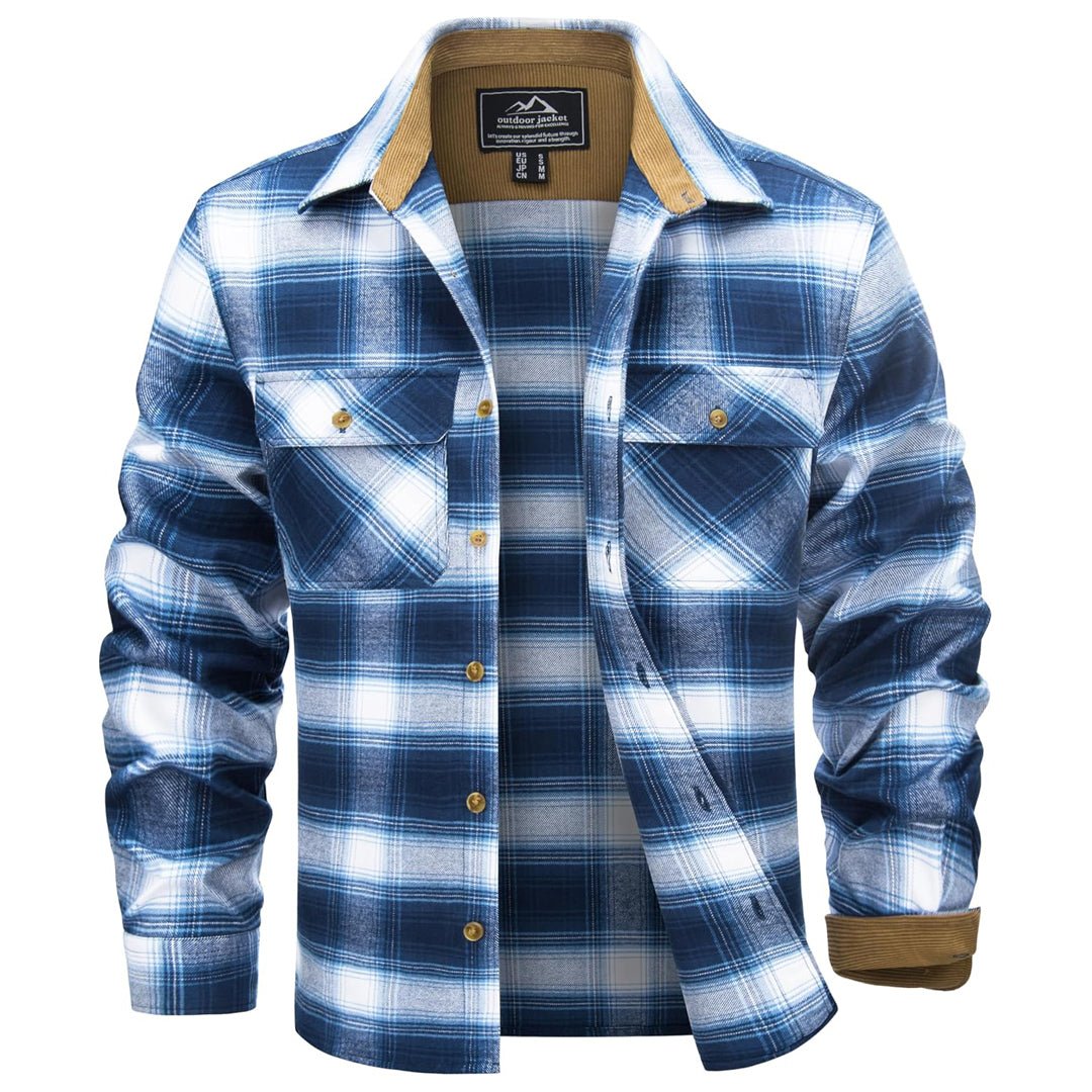 Men's plaid cotton flannel shirt, corduroy collar & cuffs, amber buttons, long sleeve fall layering