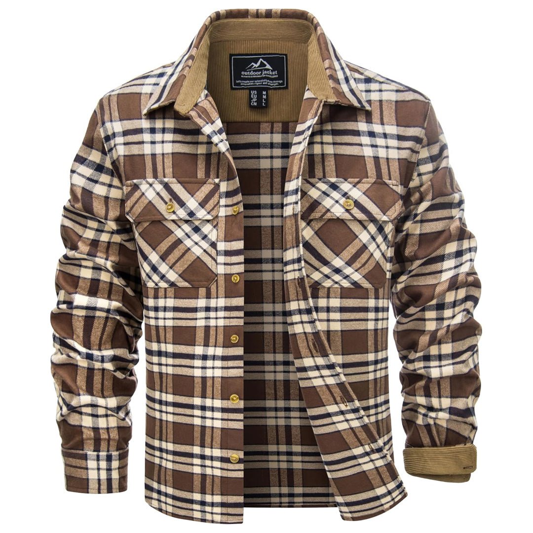 Men's plaid flannel shirt corduroy collar cuffs amber buttons long sleeve cotton fall layer
