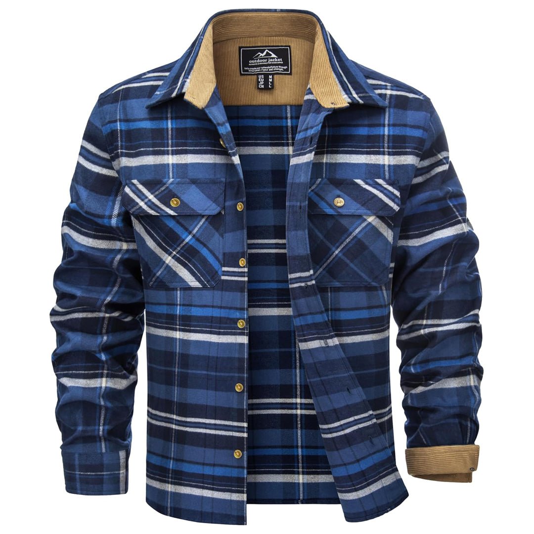 Men's plaid cotton flannel shirt long sleeve with corduroy collar and amber buttons fall winter