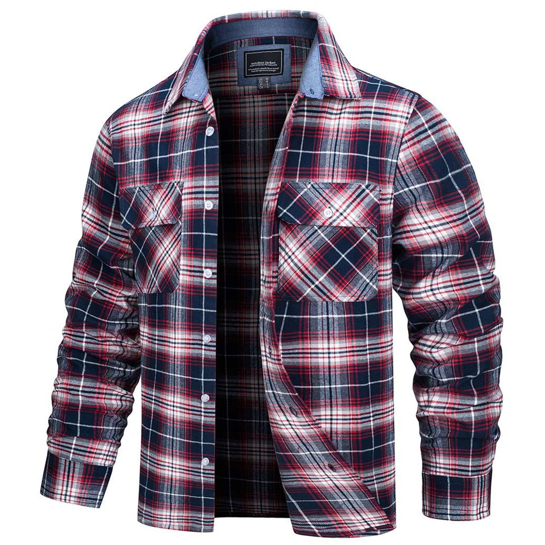Men's lightweight plaid flannel shirt jacket with button front stand collar in cotton blend