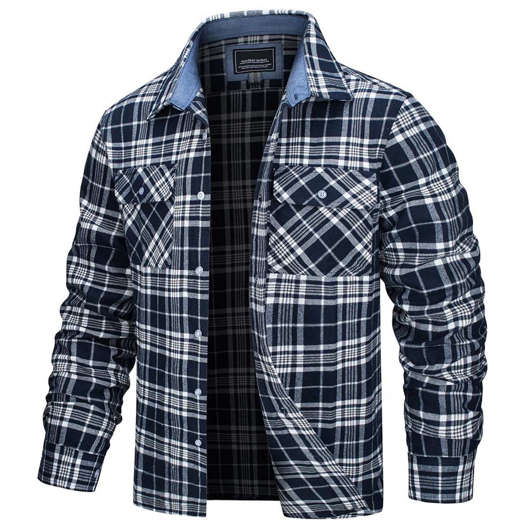 Men's lightweight plaid flannel shirt jacket with button front and stand collar, 100% cotton outdoor style