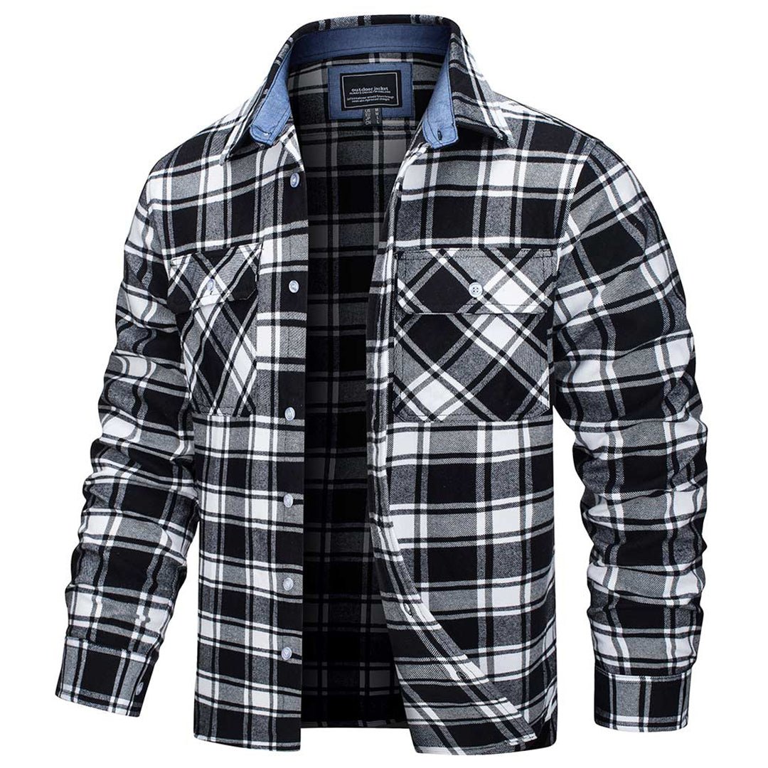 Men's lightweight cotton flannel plaid shirt jacket with stand collar and button-front closure