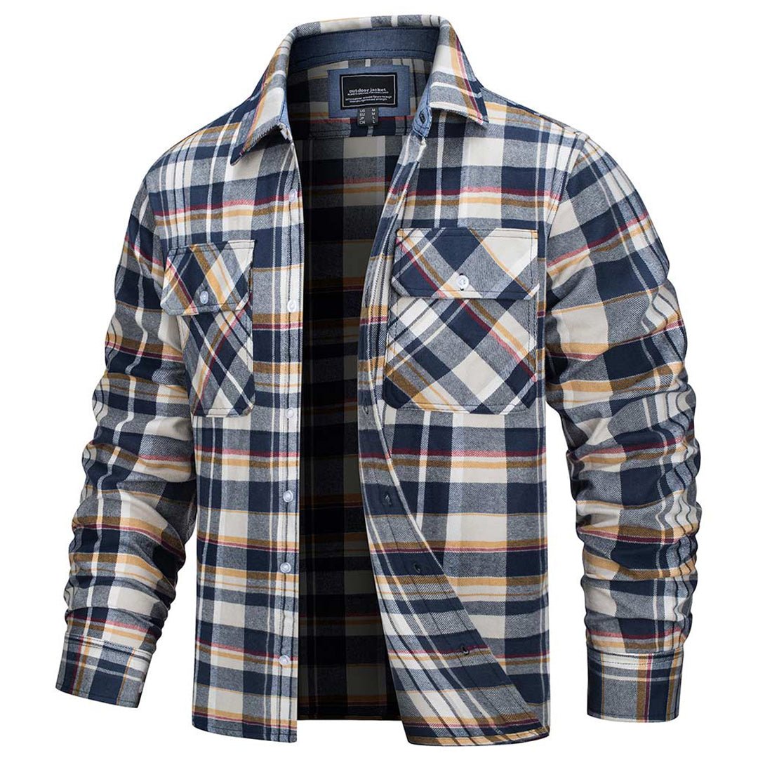 Men's lightweight plaid flannel shirt jacket with stand collar and button-front in cotton blend