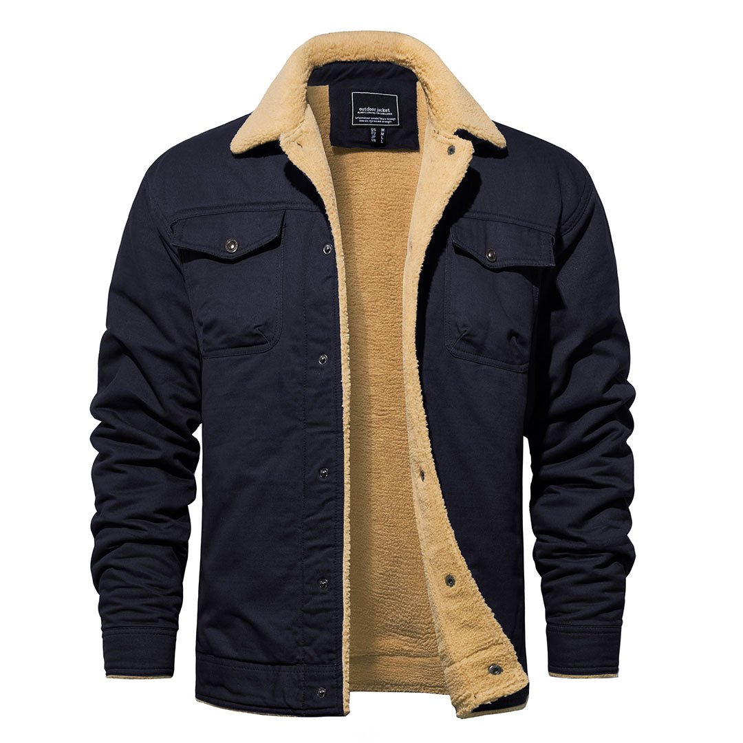 Men's insulated cargo winter coat with sherpa fleece lining, plush collar, multi-pocket design