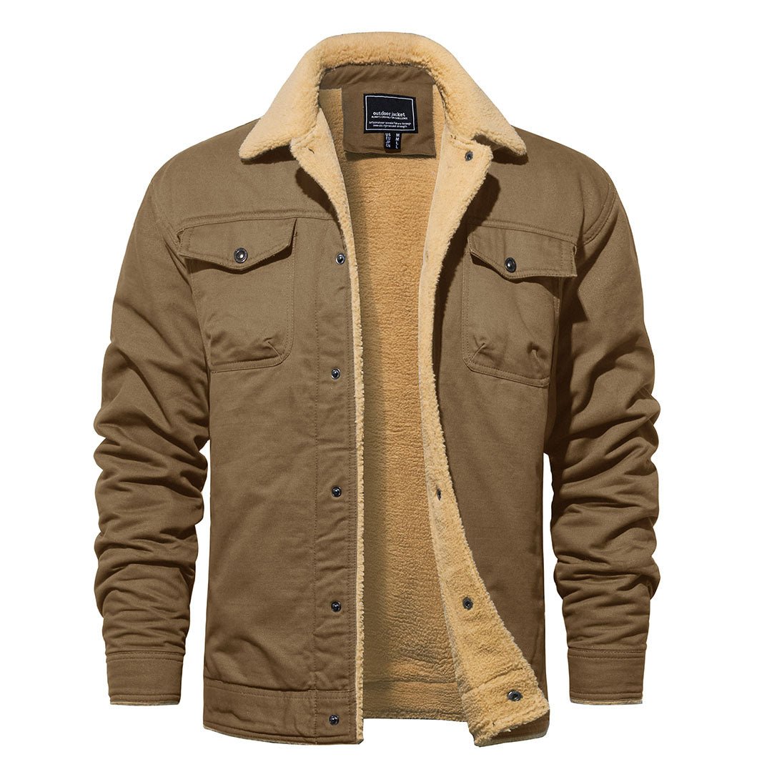 Men's insulated cargo winter coat with sherpa fleece lining, plush collar, and multi-pocket design