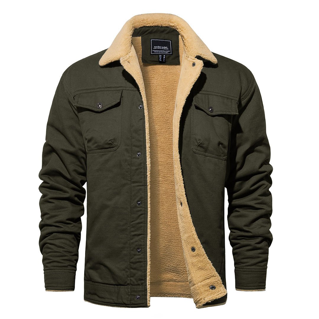 Men's insulated cargo winter jacket with sherpa fleece lining, plush collar, and multi-pocket design