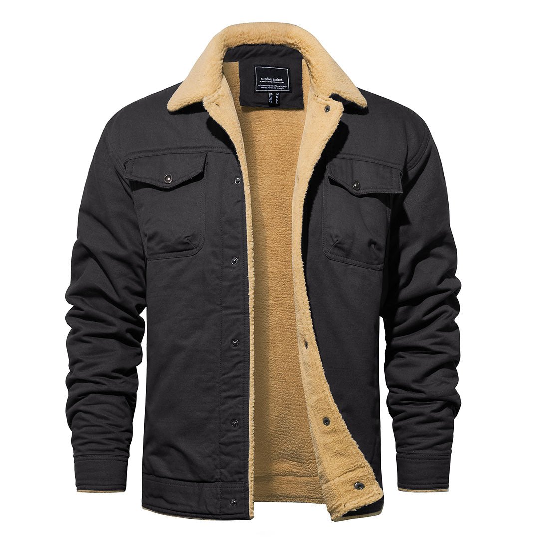 Men's insulated cargo coat with sherpa fleece lining, plush collar, multi-pocket design for cold outdoors