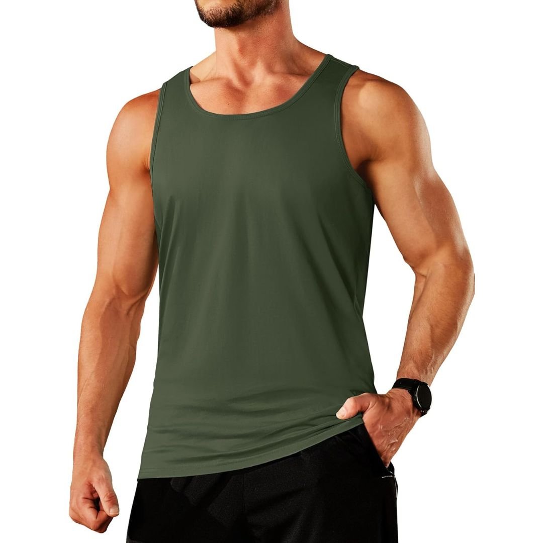 Men's sleeveless gym tank top in solid cotton, moisture-wicking athletic fit for fitness training