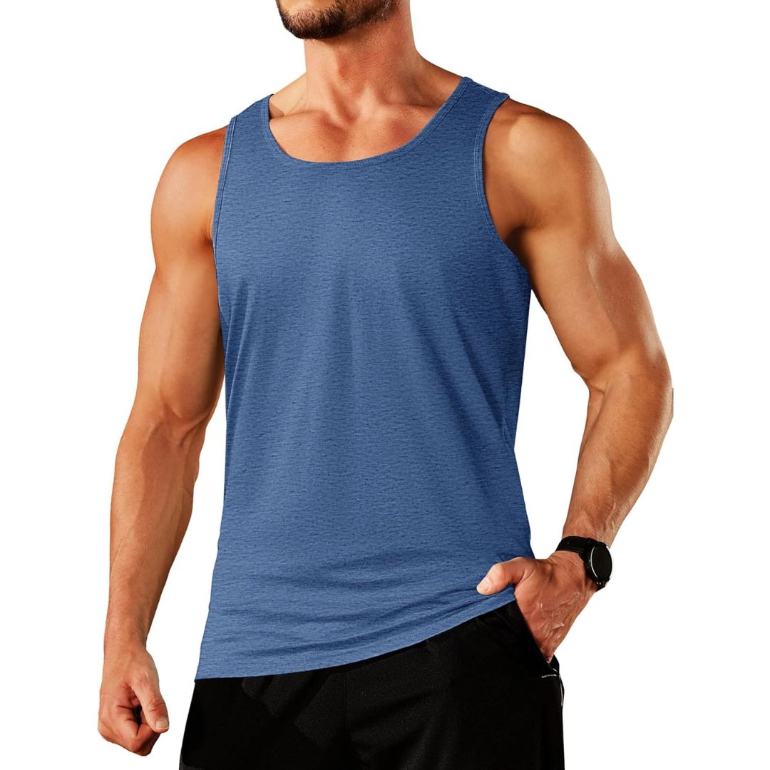 Men's sleeveless gym tank top in solid cotton, moisture-wicking athletic fit for fitness training