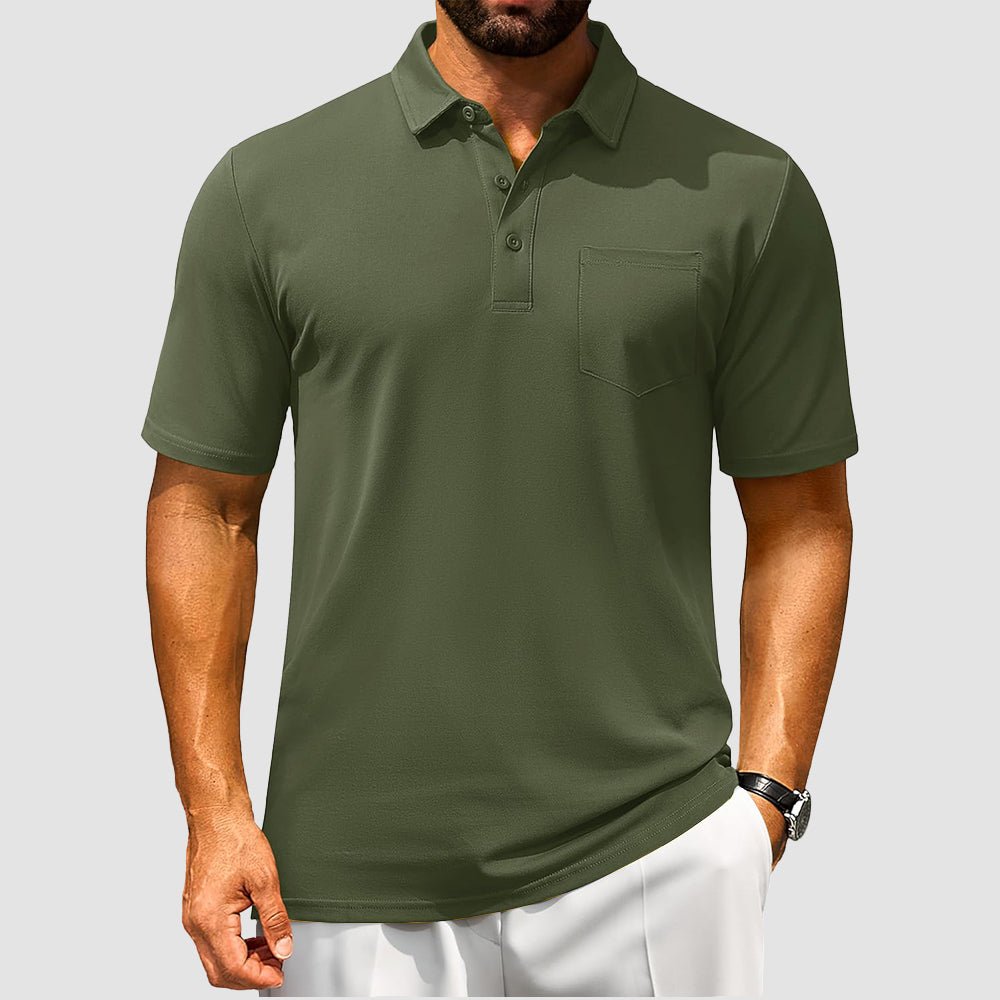 Men's breathable cotton polo shirt short sleeve golf tee with chest pocket moisture-wicking comfort fit