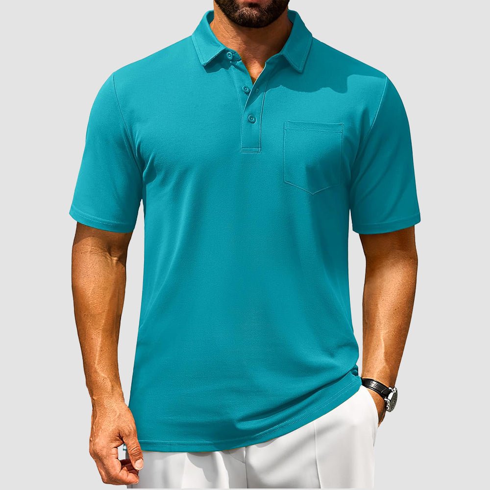 Men's breathable cotton polo shirt light blue short sleeve golf tee with chest pocket