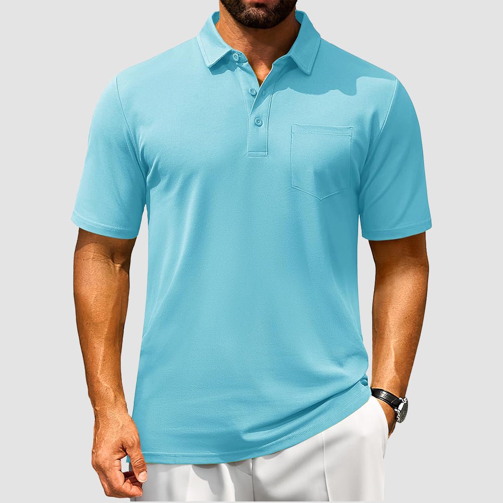 Men's breathable cotton polo shirt short sleeve golf tee with chest pocket moisture-wicking comfort fit