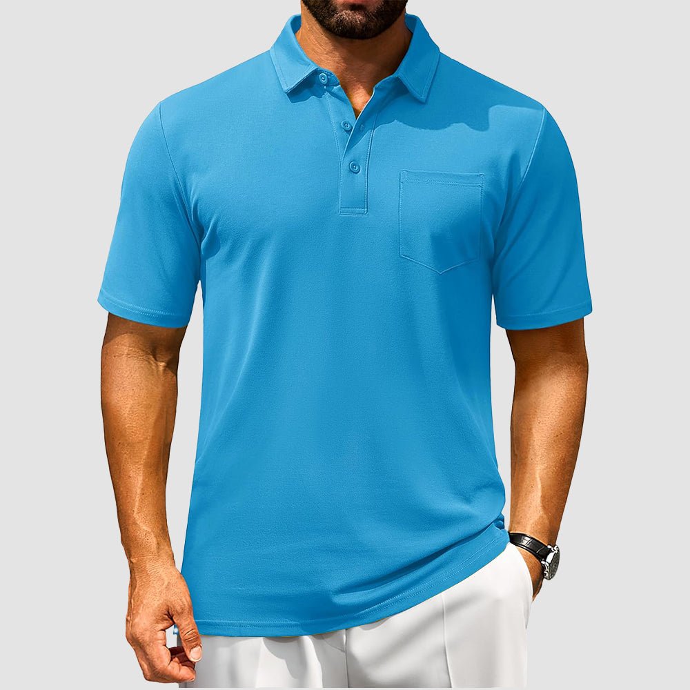 Men's breathable cotton polo shirt short sleeve golf tee with chest pocket moisture-wicking comfort fit