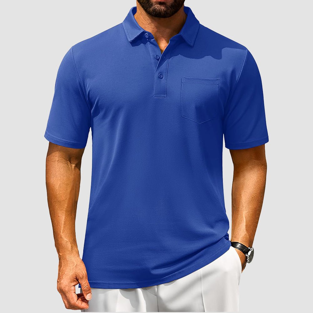 Men's breathable cotton polo shirt, short sleeve golf tee with chest pocket, moisture-wicking comfort fit