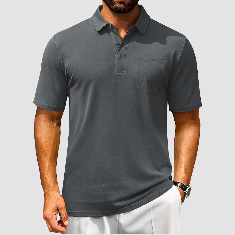Men's breathable cotton polo shirt short sleeve golf tee with chest pocket moisture-wicking comfort fit