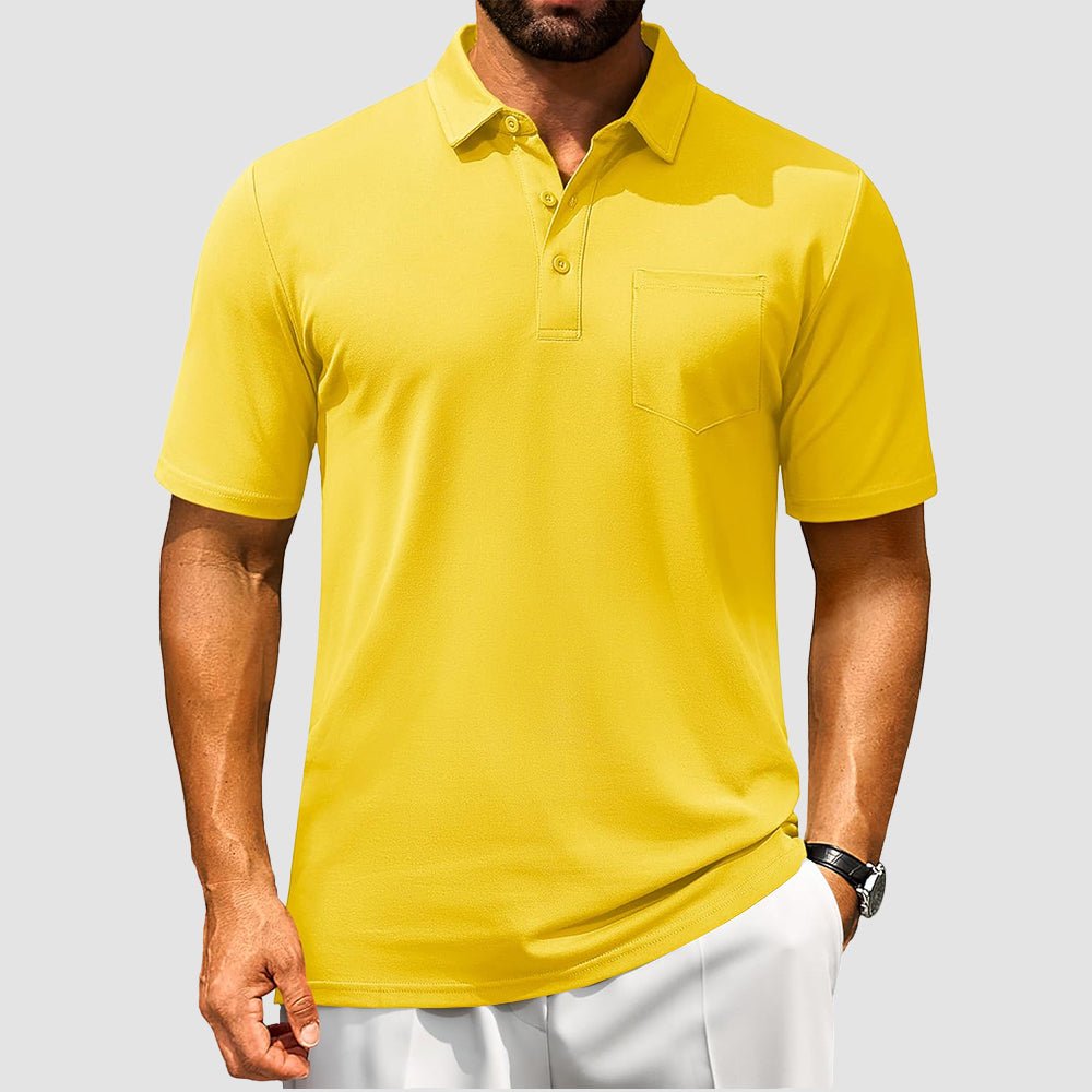 Men's breathable cotton polo shirt short sleeve golf tee light blue comfort fit chest pocket