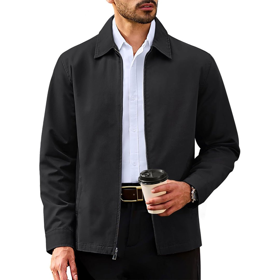 Men's lightweight full-zip windbreaker jacket in cotton-poly twill blend, wrinkle-resistant casual fit