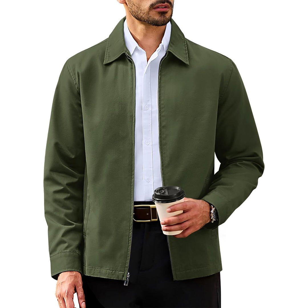 Men's lightweight full-zip cotton windbreaker jacket in neutral tone, wrinkle-resistant twill blend