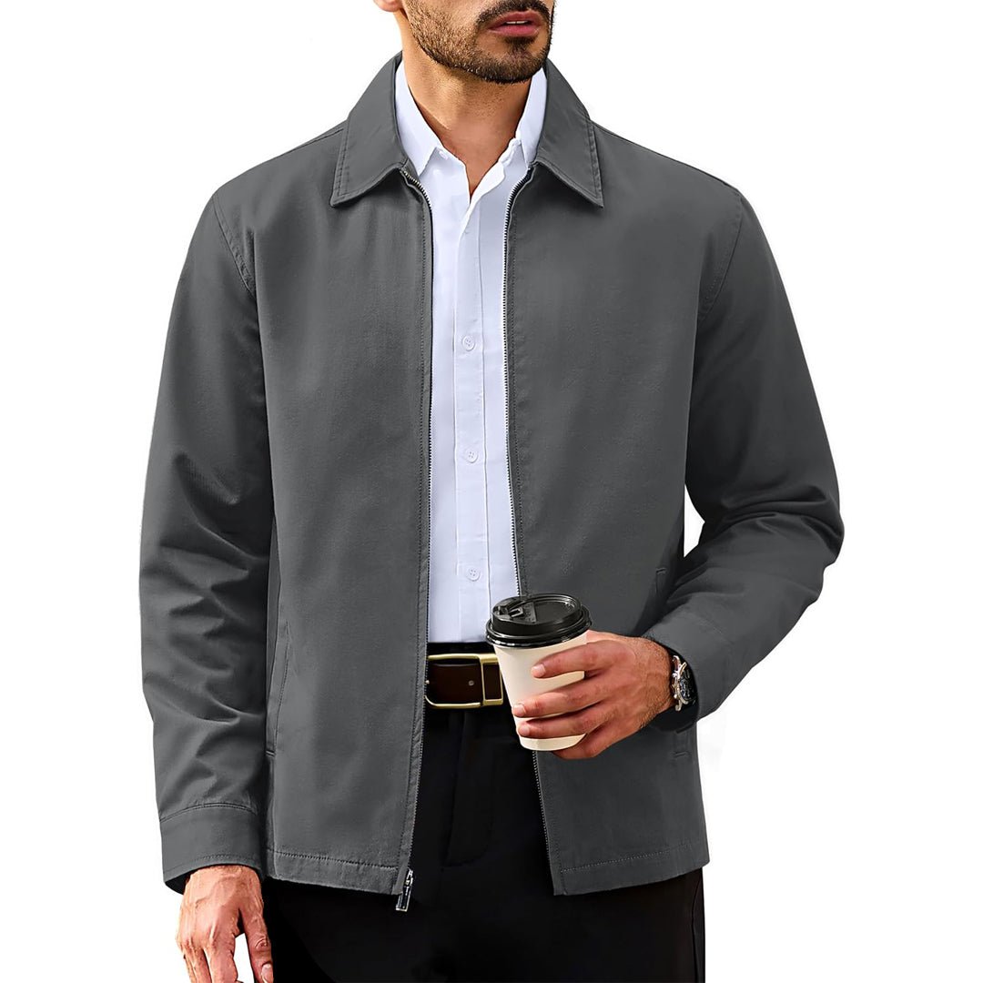 Men's lightweight full-zip cotton windbreaker jacket in neutral tones, wrinkle-resistant twill blend