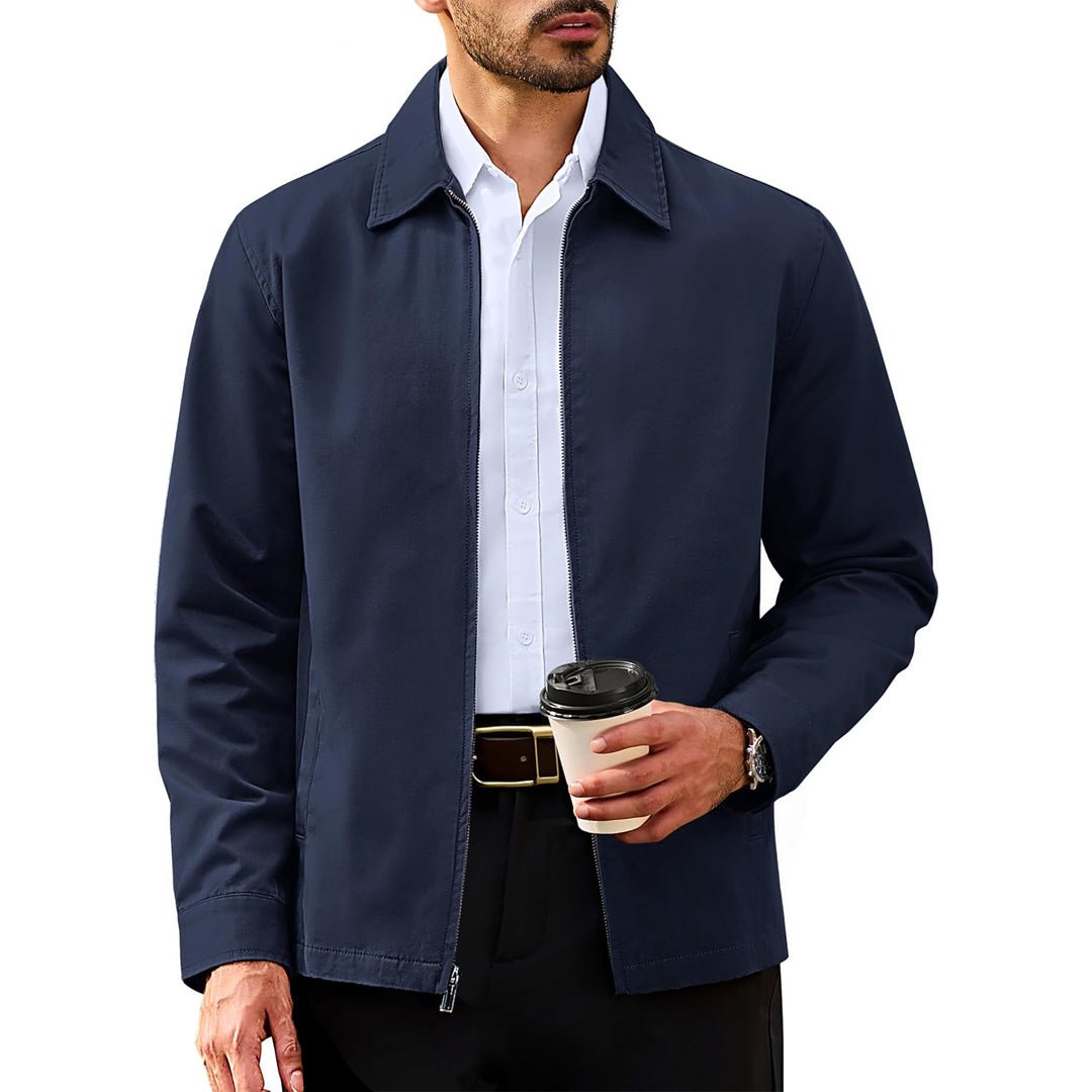 Men's lightweight full-zip cotton windbreaker jacket, wrinkle-resistant twill blend, casual polished fit
