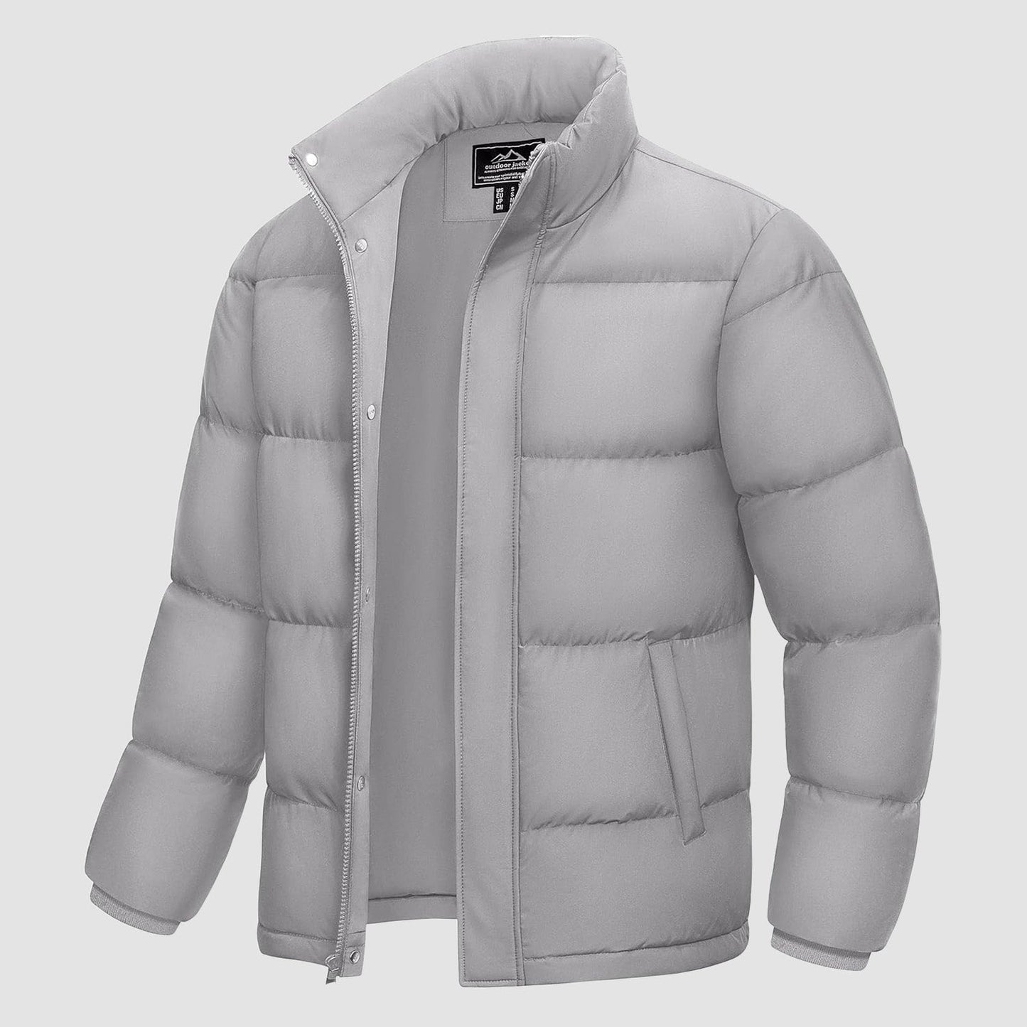 Men's water-resistant windproof puffer jacket with 85% duck down insulation for cold-weather warmth