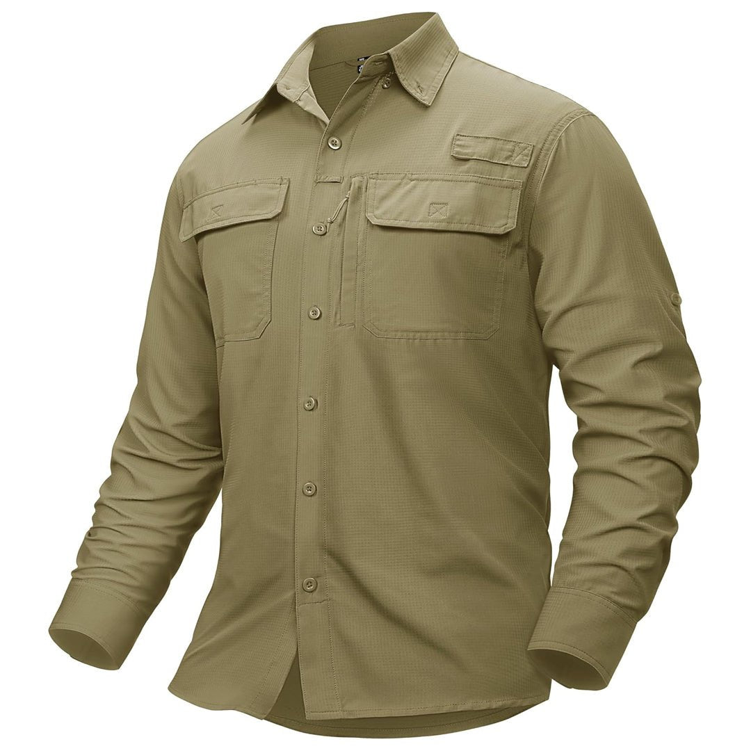 Men's UPF50 fishing shirt lightweight polyester zipper pockets sun protection outdoor comfort