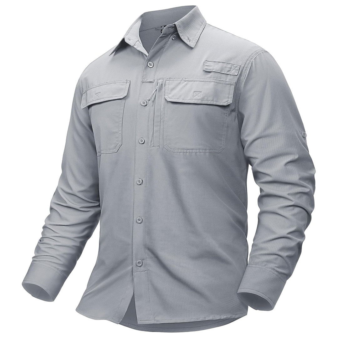 Men's UPF50 fishing shirt lightweight quick-dry polyester with zipper pockets for outdoor comfort