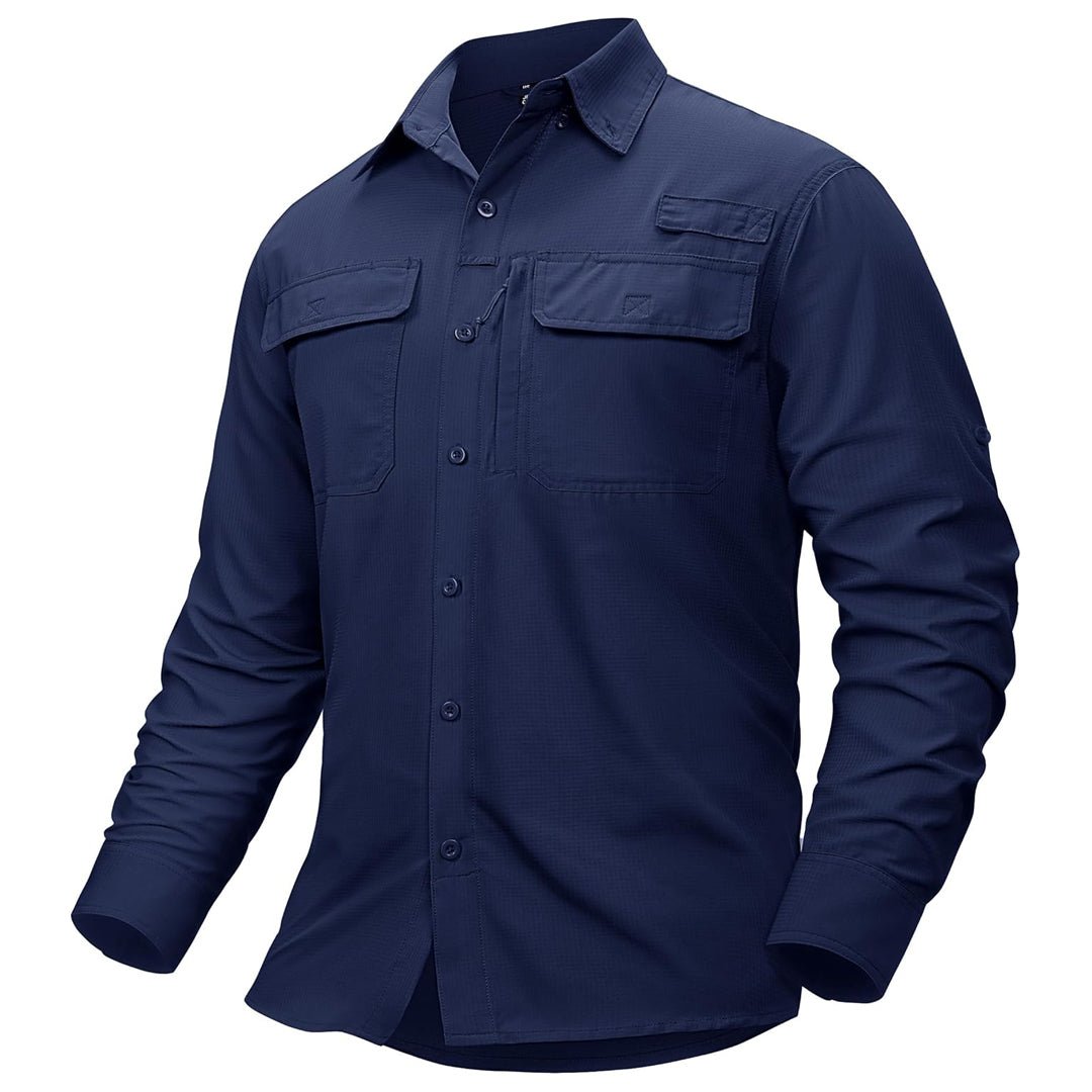 Men's UPF50 fishing shirt lightweight quick-dry polyester with zipper pockets for outdoor sun protection