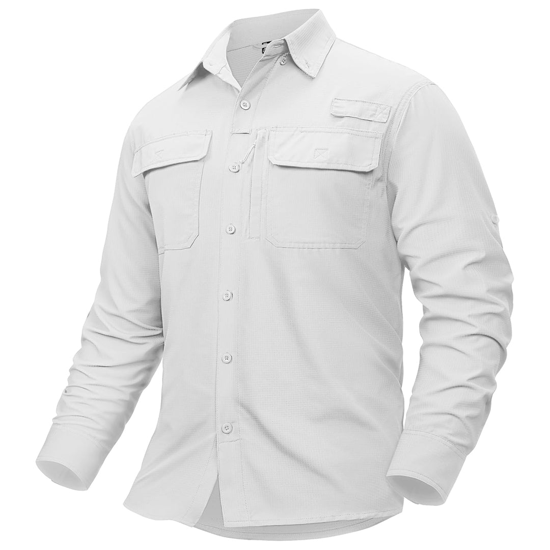 Men's UPF50 fishing shirt lightweight polyester with zipper pockets for outdoor sun protection