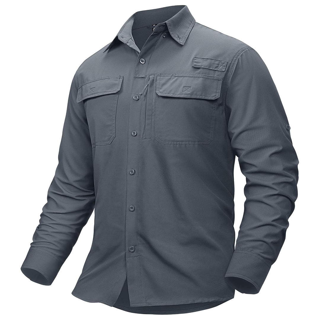 Men's UPF50 fishing shirt lightweight polyester quick-dry zipper pockets sun protection outdoor