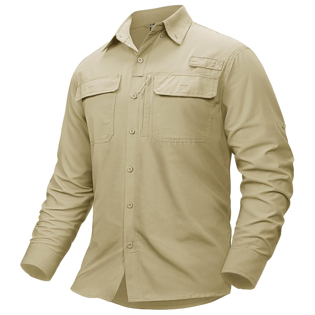 Men's UPF50 fishing shirt lightweight polyester quick-dry zipper pockets outdoor sun protection