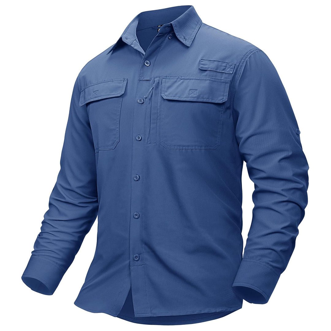 Men's UPF50 fishing shirt lightweight polyester zipper pockets sun protection outdoor comfort