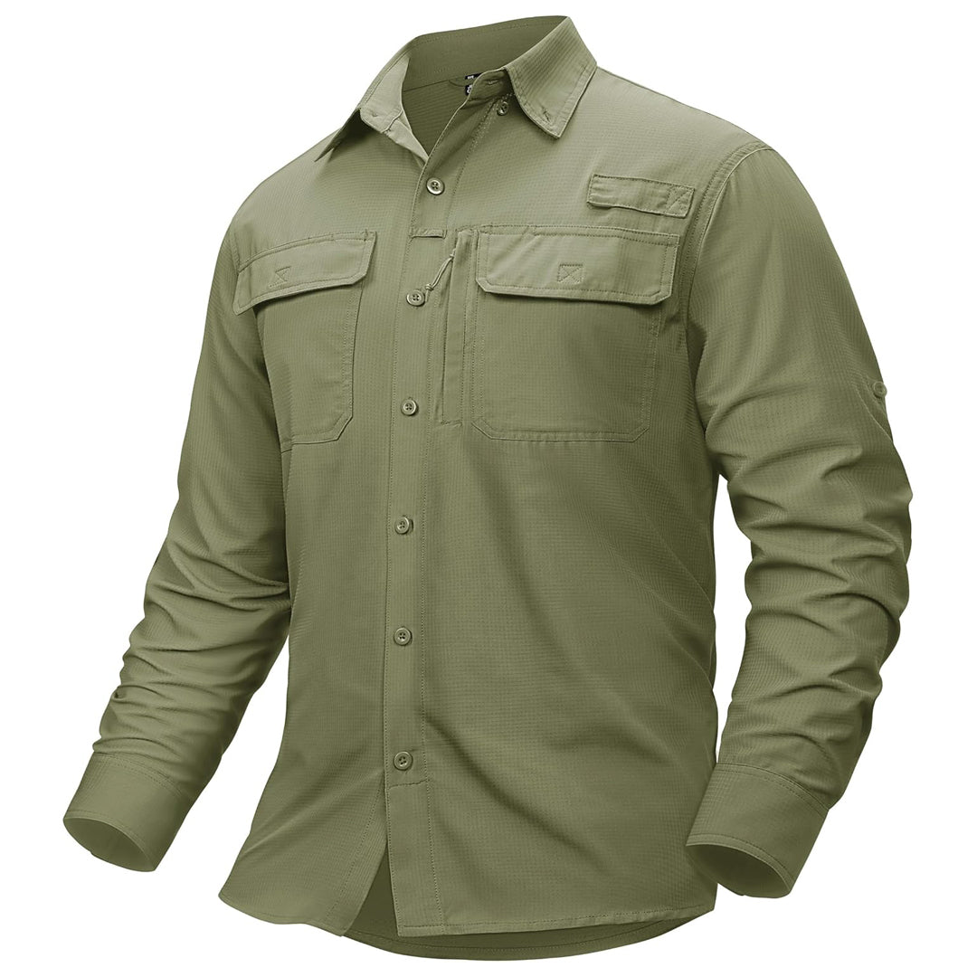 Men's UPF50 fishing shirt lightweight quick-dry polyester with zipper pockets for outdoor sun protection