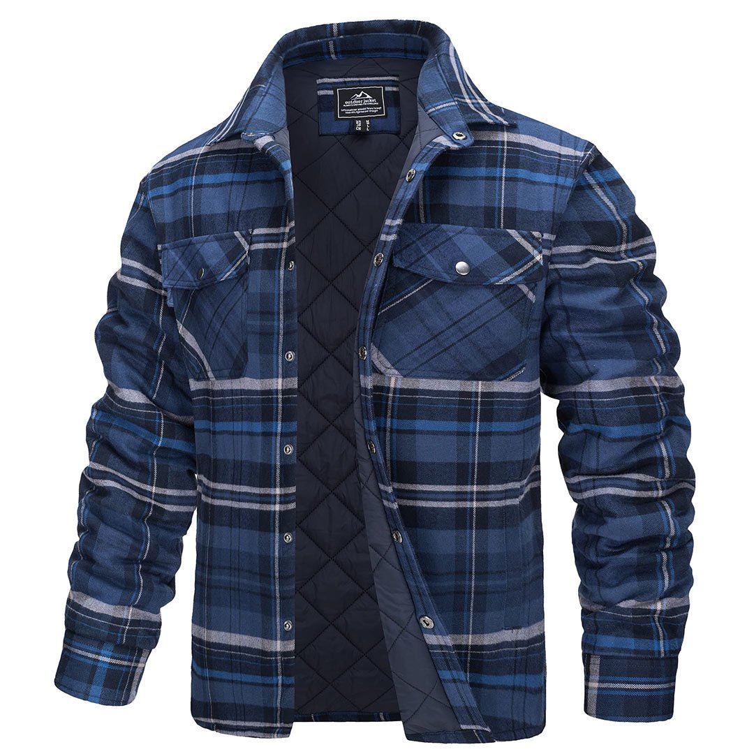 Men's quilted flannel shirt jacket in plaid, cotton outer with warm lining for casual outdoor wear