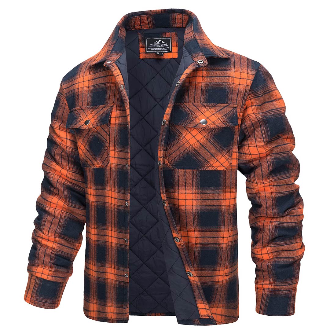 Men's quilted flannel shirt jacket in plaid, cotton outer with warm lining for casual outdoor wear